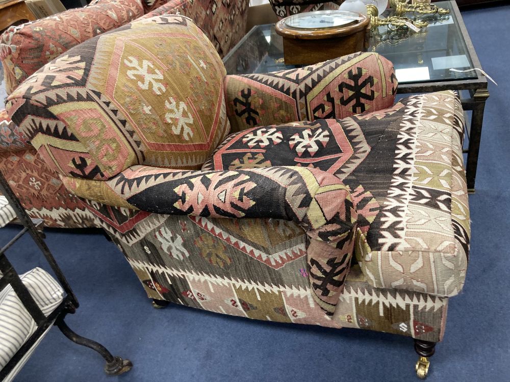 A pair of George Smith kelim upholstered club armchairs, width 80cm depth 110cm height 82cm